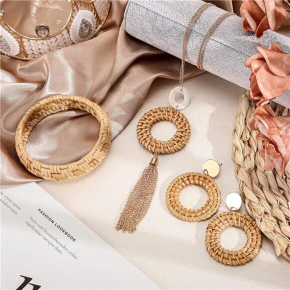 3 Pcs Rattan Necklace Earrings Bracelet Set Includes Dangle Earring Bohemian - Picture 4 of 5